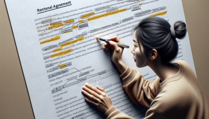 Person reading a rental agreement, highlighting payment terms, deposits, and hidden fees.