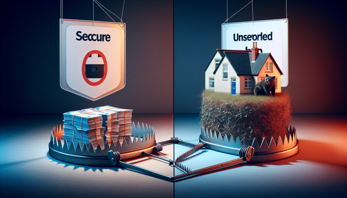 Split image of secured loan with house collateral and unsecured loan with cash and documents, illustrating UK debt consolidation options.