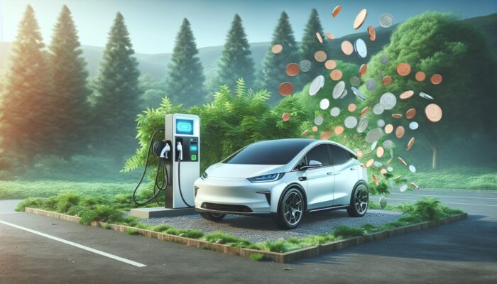 A modern electric car at a charging station amidst greenery, highlighting cost savings.