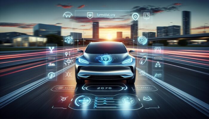 A sleek electric car featuring a futuristic dashboard, gliding smoothly through a cityscape at dusk.