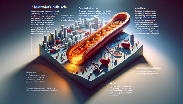 A cross-section of a human artery illustrating cholesterol's function in hormone and vitamin D synthesis, as well as plaque accumulation leading to atherosclerosis, with a UK cityscape backdrop.