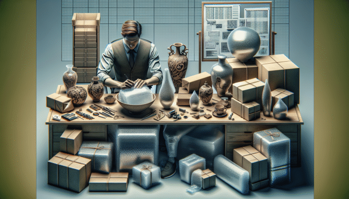 A person meticulously wrapping glassware and vases in bubble wrap, labelling packages in an organised workspace.