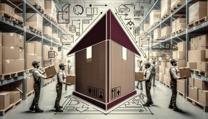 A cardboard box prominently displaying a "Fragile" label and "This Side Up" arrow in a busy warehouse.