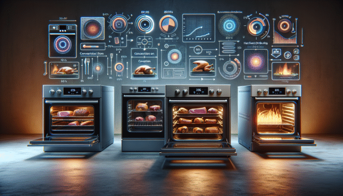 Visual representation of various oven types - conventional, convection, gas - with roasting meats, illustrating heat distribution and efficiency.