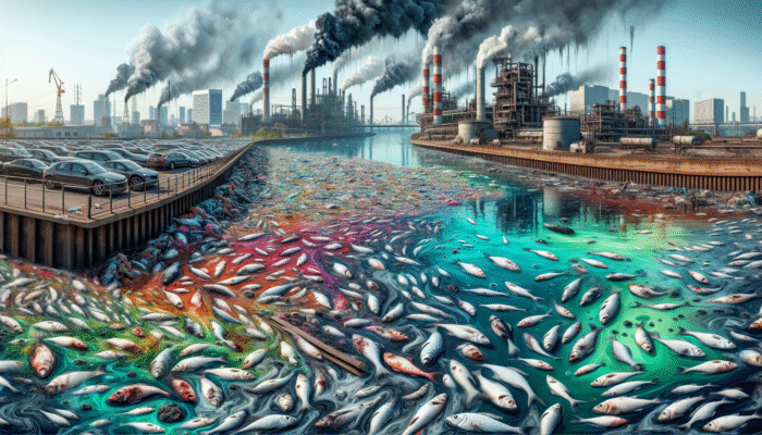 A polluted urban river with toxic colours, dead fish, factories, and city skyline, showcasing the effects of industrial pollution.