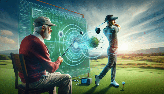 A South African golf coach illustrating the ideal swing plane and path on a beautifully manicured course.