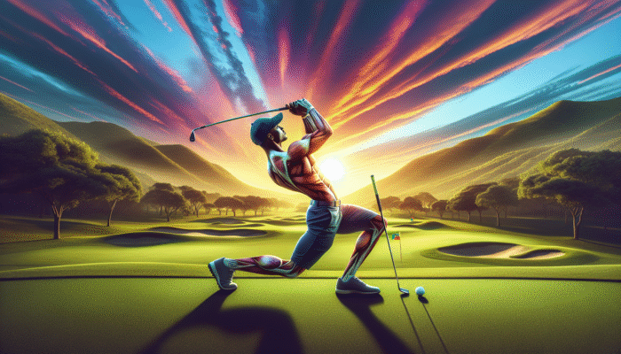 South African golfer performing a side plank on the golf course at sunset, strengthening swing power and stability.