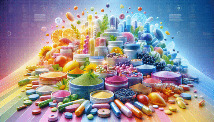 An eye-catching collection of dietary supplements in various formats, including capsules, tablets, and powders, set against a vibrant background.
