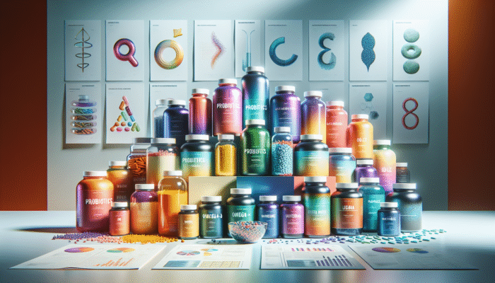 A variety of specialty supplement bottles featuring probiotics, omega-3, and protein powders set against a health-centric backdrop.
