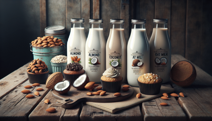Bottles of almond, coconut, and oat milk on a wooden table with desserts highlighting their flavours.