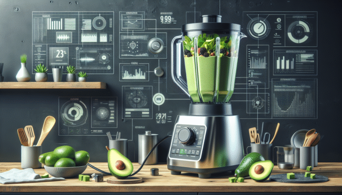 Advanced blender featuring a 1000-watt motor, expertly blending green smoothies and avocado dips to a perfectly creamy consistency.