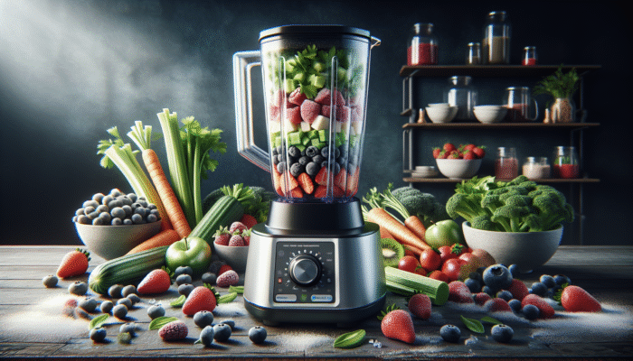 Premium blender processing whole foods, promoting nutritious eating with a vibrant array of ingredients.