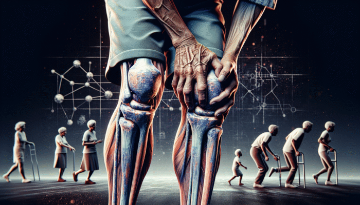 Joint Supplements for Seniors: An elderly person with knee cartilage wear, illustrating stiffness and decreased flexibility, struggling with daily tasks.