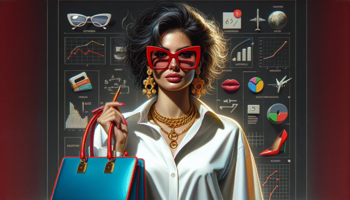 Woman in white shirt and jeans wearing red sunglasses, gold jewelry, and a blue handbag, showcasing confidence and style.