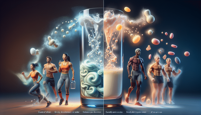 Image illustrating the rapid dissolution of whey protein and the slow release of casein protein overnight, complemented by symbols representing athletes and recovery.