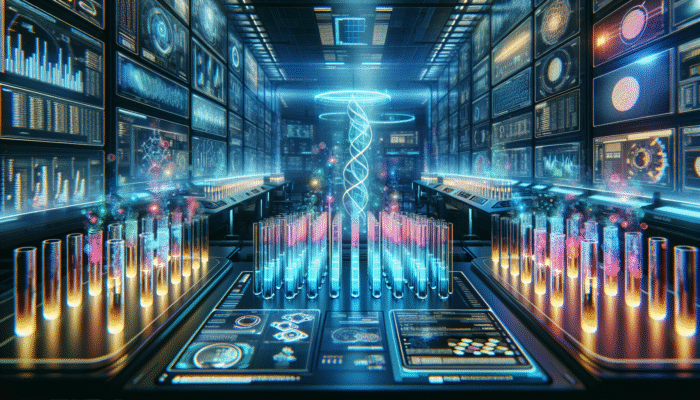 A modern laboratory with glowing test tubes and digital screens displaying protein absorption data.