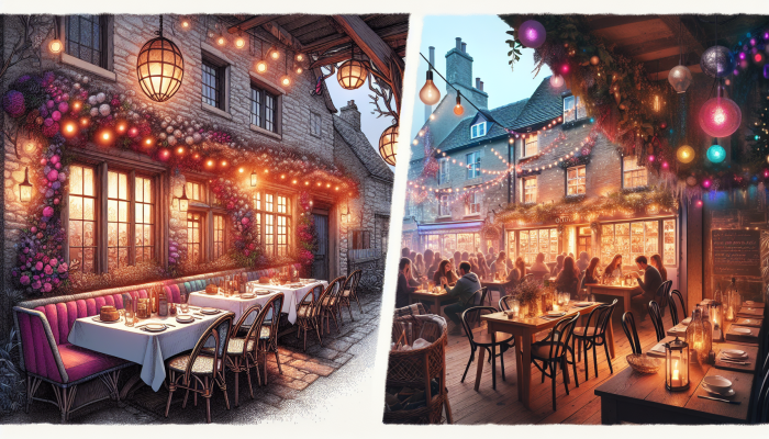 How to Celebrate Debt Consolidation Milestones: A Guide | DCL A warm Cotswolds bistro and a lively Soho restaurant, both bustling with celebrating patrons.