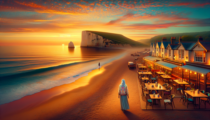 How to Celebrate Debt Consolidation Milestones: A Guide | DCL A tranquil UK coastal sunset scene with a person walking, cafés, and distant cliffs, celebrating relaxation.