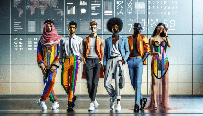 A vibrant fashion scene with colorful outfits, trendy accessories, and chic hairstyles in a modern urban setting.