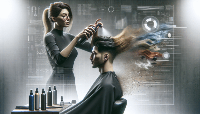 Hairstylist applying mousse and heat protectant, using spray to secure textured hairstyle.