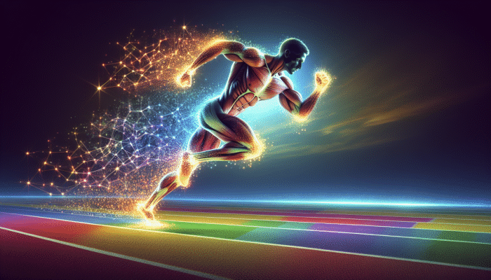 An athlete sprinting on a track, with muscles enhanced by visible creatine particles under a clear sky.