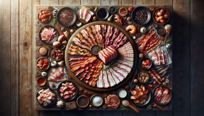 A display of various bacon types on a rustic table: thick-cut, applewood smoked with seafood, peppered with chicken.