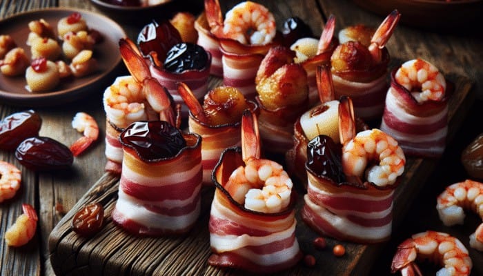 Assorted appetisers wrapped in crispy bacon, including shrimp, scallops, and dates, on a rustic wooden table.