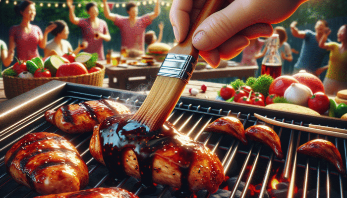 Best Soy Sauces for BBQ Marinades: Grilled chicken brushed with glossy Kikkoman soy sauce marinade on a barbecue, steam rising.