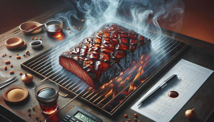 Glistening caramel-coloured brisket glazed with dark soy sauce on a rustic BBQ grill, surrounded by steam.