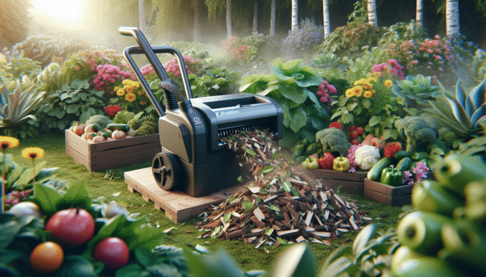 Electric shredders and chippers transforming garden waste into mulch, enriching soil around vibrant plants.