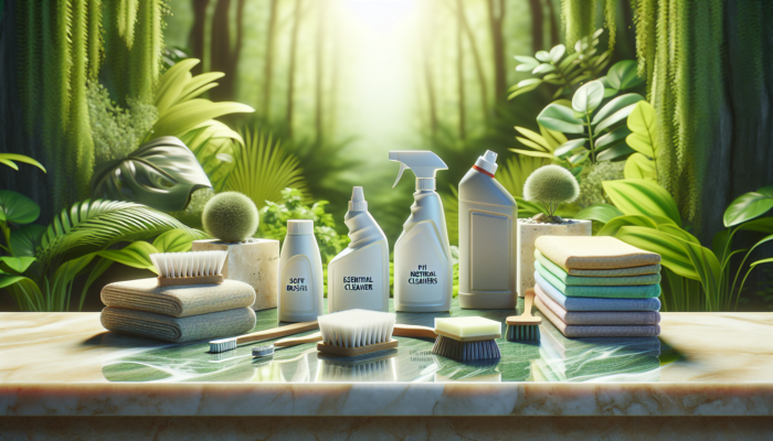 Essential travertine cleaning products arranged on a sparkling surface with a lush greenery backdrop.