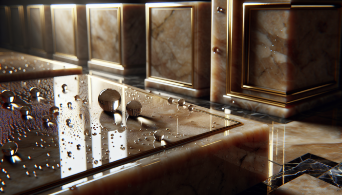 Glossy travertine tiles with water droplets in a dimly lit, sophisticated bathroom, showcasing sealant protection.