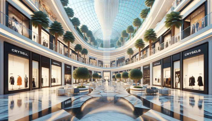 Luxurious shopping scene at Shops at Crystals featuring high-end boutiques like Louis Vuitton, Gucci, and Prada.