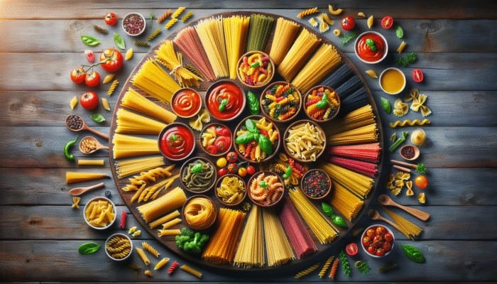 A vibrant assortment of spaghetti, penne, and fusilli with their ideal sauces on a rustic wooden table.