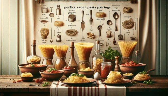 A rustic Italian table featuring tagliatelle with meat ragu and angel hair with light tomato sauce, highlighting perfect pairings.
