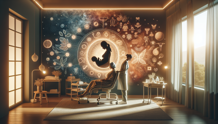 A private midwife assisting a first-time mother during childbirth in a serene room, with educational materials on newborn care and parenting workshops.