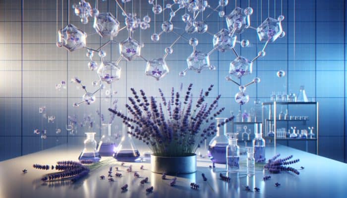 Best Herbs for Panic Attack Relief: A serene lab scene featuring lavender plants alongside the molecular structures of linalool and linalyl acetate, which help calm the brain's limbic system.
