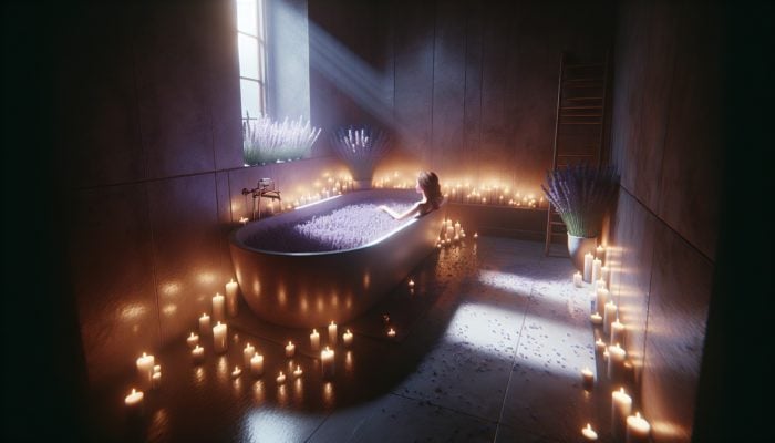 A person enjoying a relaxing lavender-scented bath surrounded by candles, promoting mental calm and anxiety relief.