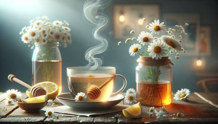 A serene cup of chamomile tea adorned with floating flowers, steam, honey, and lemon on a cozy wooden table.