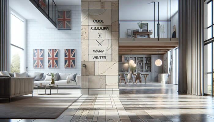 Luxurious UK home interior featuring durable travertine tiles that provide thermal comfort and timeless elegance.