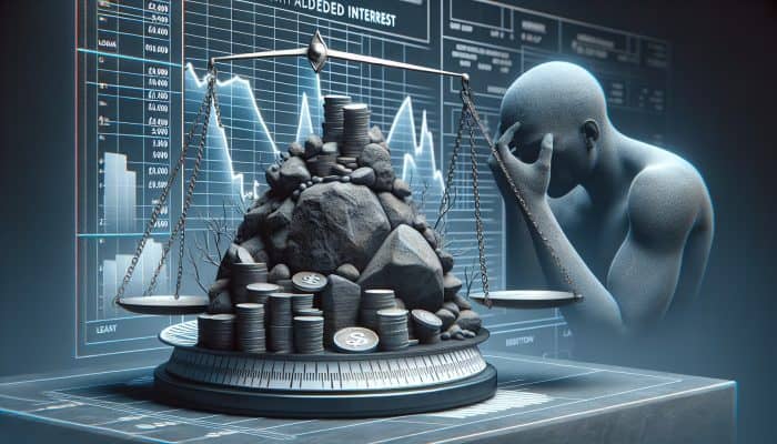 Understanding the pitfalls of debt consolidation: Risks to Consider | DCL A scale depicting a £20,000 loan increasing with interest over a decade, alongside a distressed borrower.