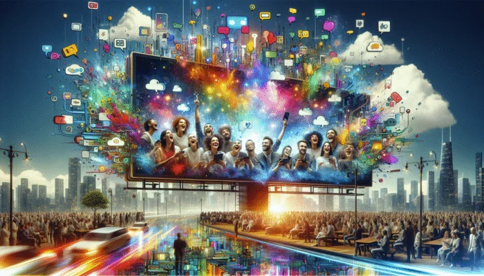 "Share Your Experience!" billboard featuring happy customers on devices, colourful speech bubbles, and a vibrant cityscape.