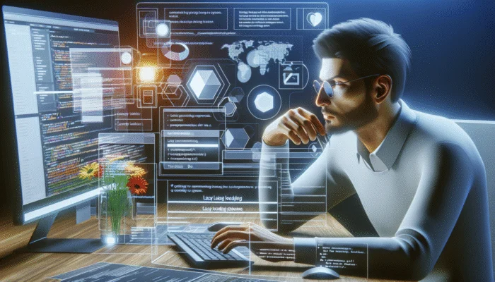 A web developer selecting tools for lazy loading to improve website performance in a contemporary workspace.