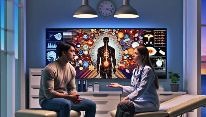A person discussing Vitamin B12 test fasting with a healthcare provider, medical charts, and an eight-hour clock in the doctor's office.