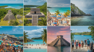 A collage of eight images depicting ancient Mayan ruins, bustling beaches, crystal-clear turquoise water, a vibrant marketplace with colourful umbrellas, tourists, and tropical landscapes under Belize's pleasant weather—sunny and partly cloudy skies.