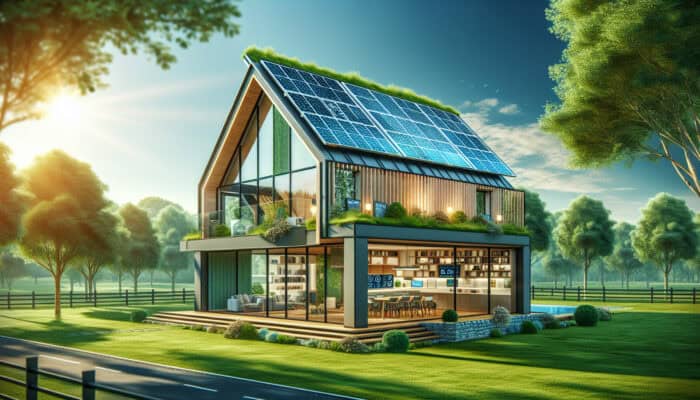 A modern UK home with solar panels and a green roof amidst trees, symbolising carbon neutrality.