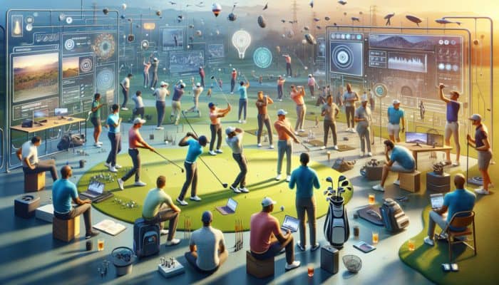 South African golfers using laptops and smartphones, participating in a community forum with local expert support for swing analysis.