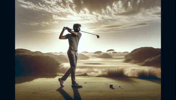 Golfer swinging on a South African course during mid-morning with optimal lighting and a plain background.