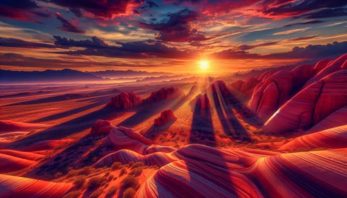 Sunrise at Valley of Fire State Park with red sandstone formations and vibrant desert colours.