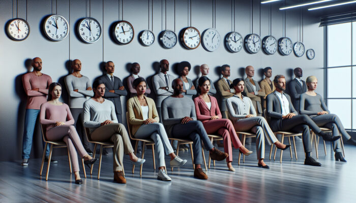 Diverse group waiting in an office with permit applications and clocks displaying various times.